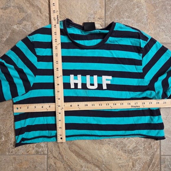 HUF Womens Striped Cropped T Shirt Teal Black Logo XL Raw Edge - Picture 3 of 5